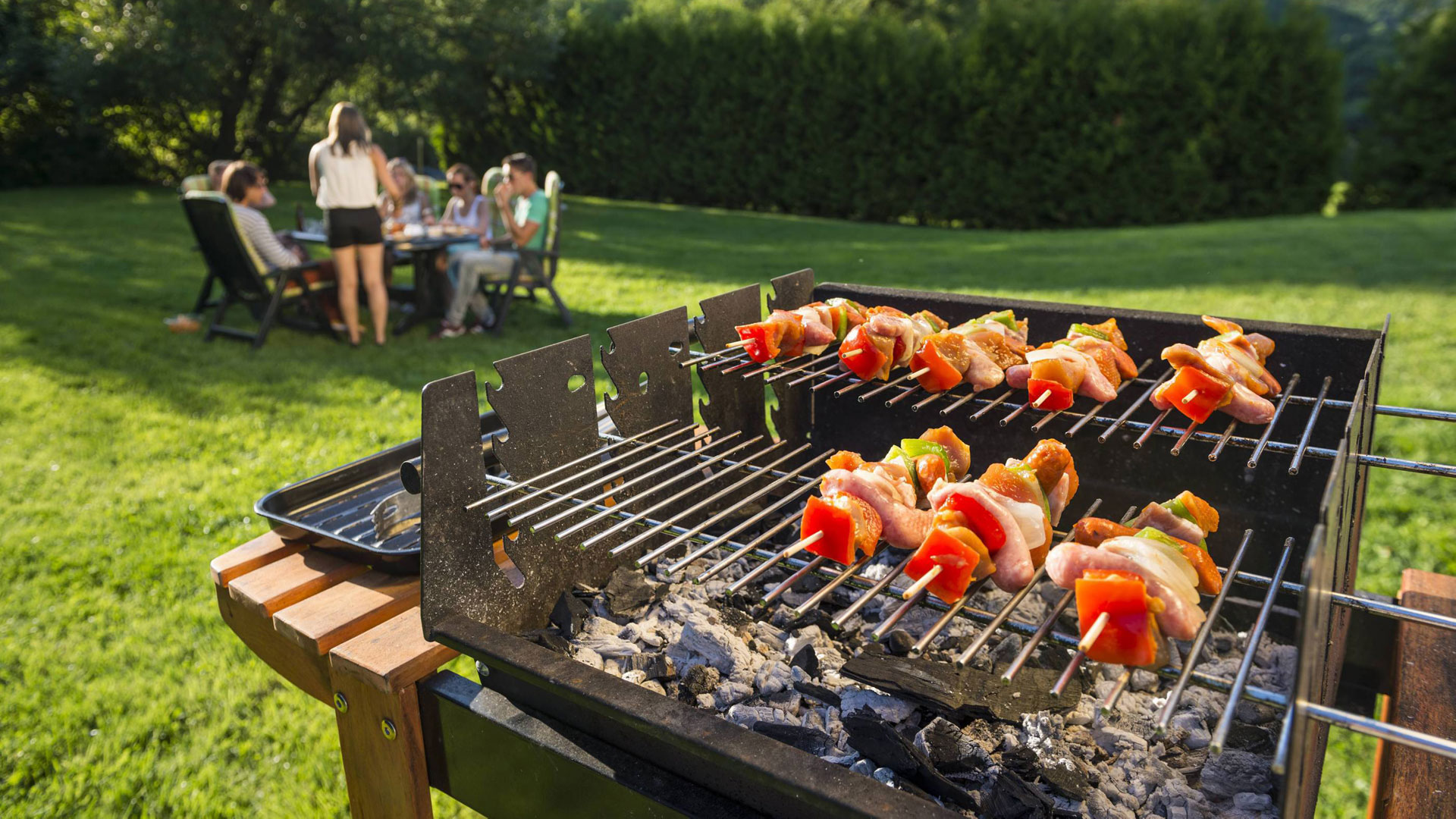Brochettes sur un barbecue de jardin pendant un repas de famille