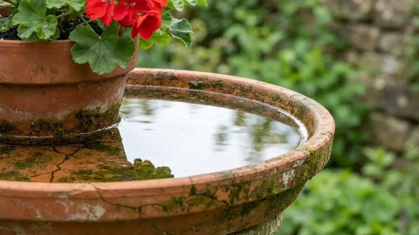 Eau stagnante dans une coupe de terre cuite, au pied d’un pot de géraniums